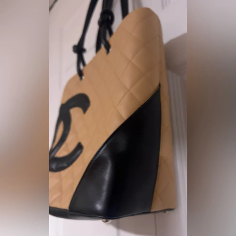 Chanel Cambon Ligne Medium Tote Bag in Beige and Black Quilted Leather